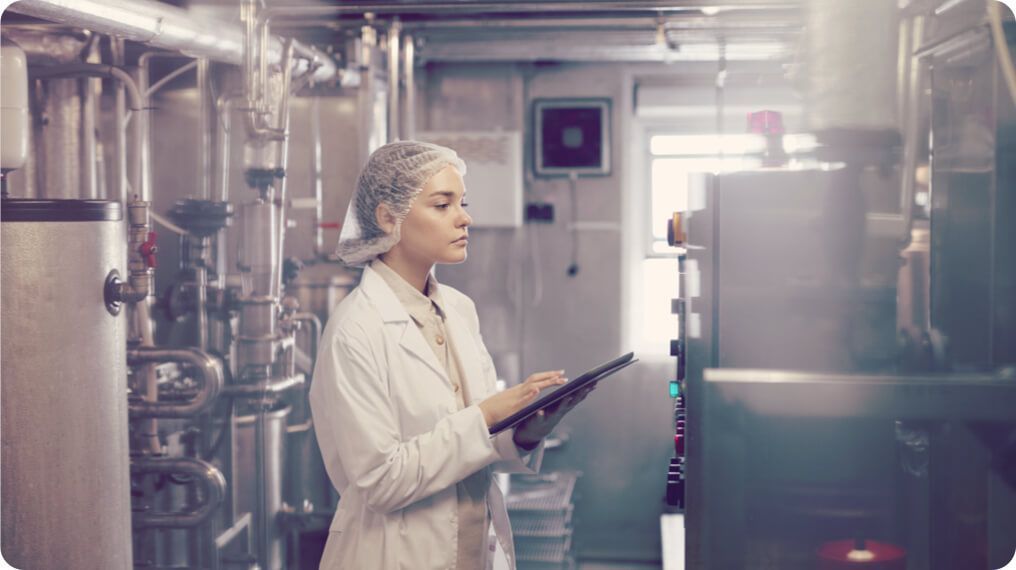 Photo of a health & safety expert checking kitchen equipment and machinery is adequate